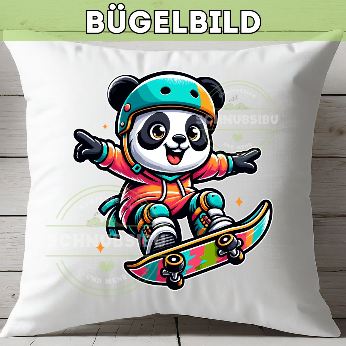 Bügelbild Panda auf Skateboard